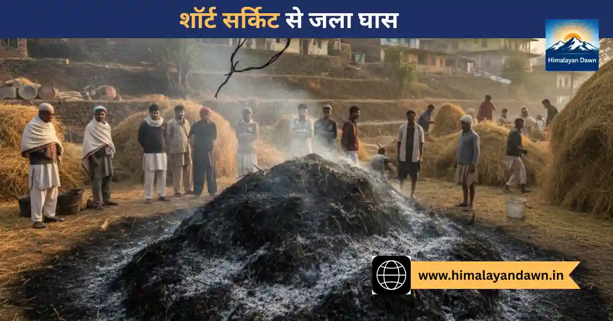 कसौली में शॉर्ट सर्किट से जली हुई घास का ढेर।