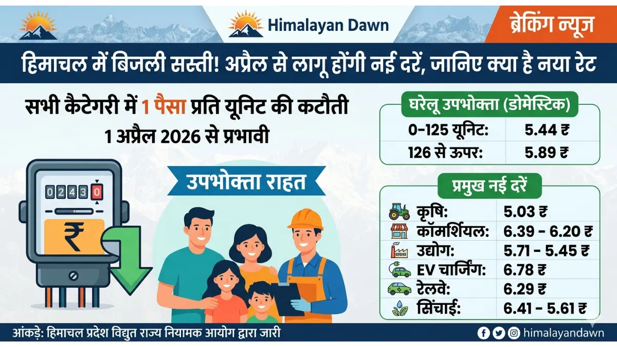 हिमाचल प्रदेश बिजली दरें 2026-27: घरेलू, कृषि और औद्योगिक बिजली टैरिफ की नई दरों का इन्फोग्राफिक पोस्टर - Himalayan Dawn