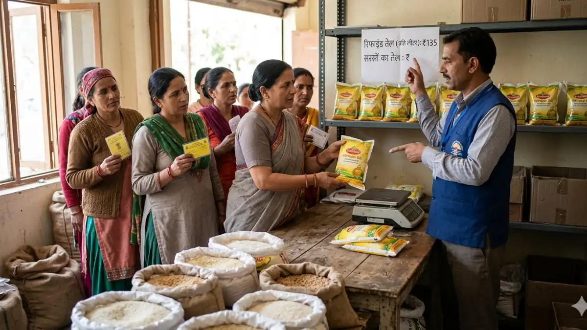 हिमाचल के डिपुओं में राशन लेते लोग और रिफाइंड तेल का पैकेट।