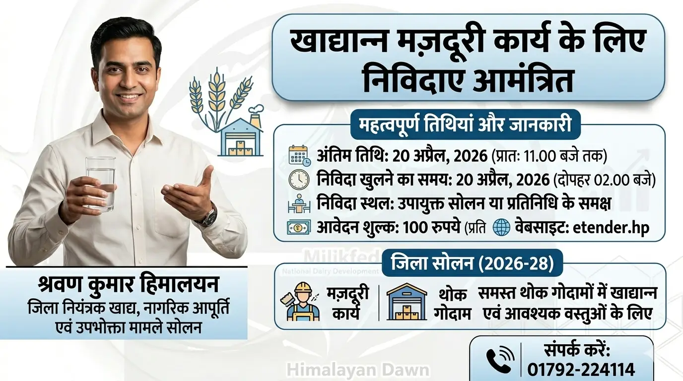 जिला सोलन खाद्य एवं नागरिक आपूर्ति विभाग द्वारा जारी निविदा सूचना का विवरण।