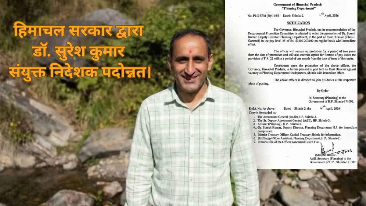 डॉ. सुरेश कुमार को हिमाचल सरकार में संयुक्त निदेशक (योजना) पद पर पदोन्नति का आधिकारिक आदेश