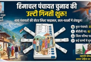 हिमाचल प्रदेश पंचायत चुनाव 2026 का सूचनात्मक ग्राफिक्स जिसमें वोटर लिस्ट, चुनाव आयोग का लोगो और राष्ट्रपति द्रौपदी मुर्मू की तस्वीर शामिल है।
