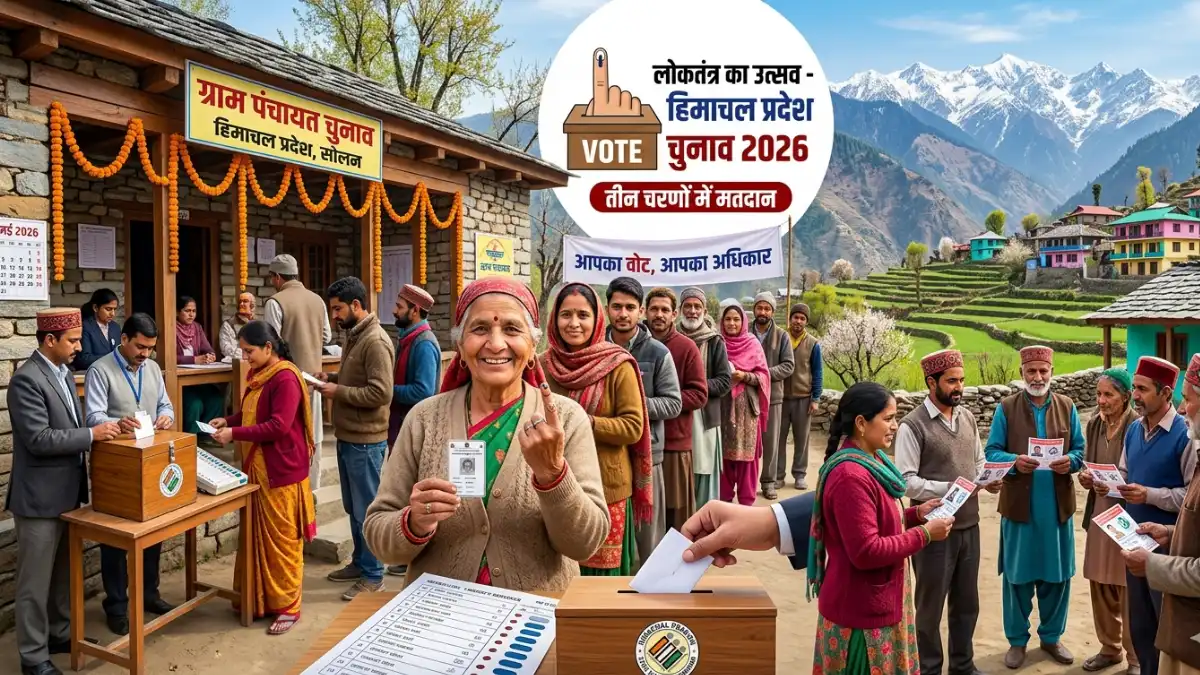 हिमाचल प्रदेश के खूबसूरत पहाड़ी गांव में मतदान केंद्र के बाहर वोट डालने के लिए कतार में खड़े ग्रामीण मतदाता और चुनाव की घोषणा को दर्शाता ग्राफिकल पोस्टर।