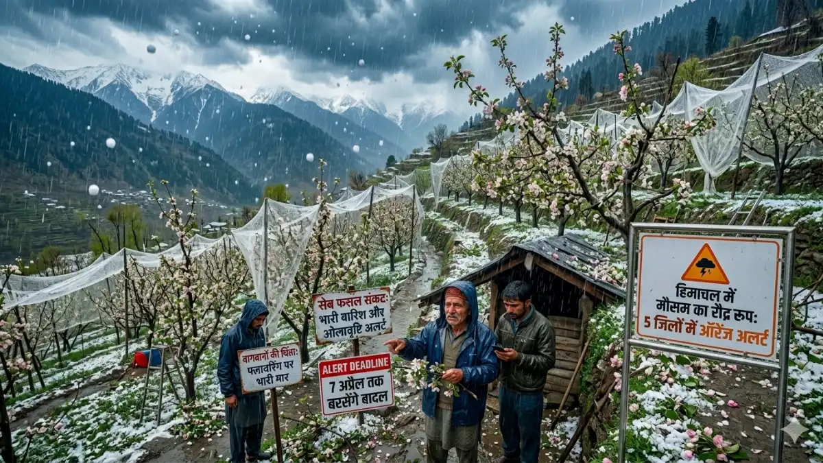 हिमाचल प्रदेश के एक सेब बागान में ओलावृष्टि से हुए नुकसान का जायजा लेते दो चिंतित बागवान। काल्पनिक चित्र