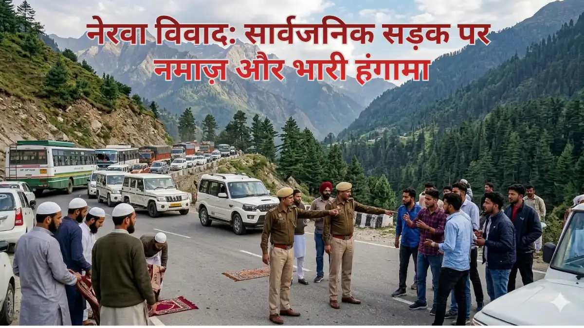 शिमला-सिरमौर बॉर्डर के नेरवा में सड़क पर नमाज़ और ट्रैफिक जाम के दौरान पुलिस और स्थानीय लोगों के बीच विवाद का ग्राफिकल चित्रण।