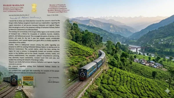 सांसद हर्ष महाजन का रेल मंत्री को पत्र और कांगड़ा घाटी में चलती टॉय ट्रेन का दृश्य।