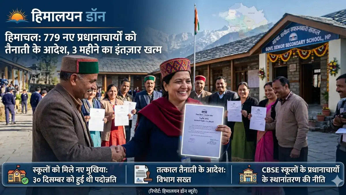 हिमाचल प्रदेश के सरकारी स्कूल के सामने खड़े नवनियुक्त प्रधानाचार्य अपना नियुक्ति पत्र दिखाते हुए, साथ में हिमालयन डॉन समाचार का इन्फोग्राफिक और हेडलाइन।