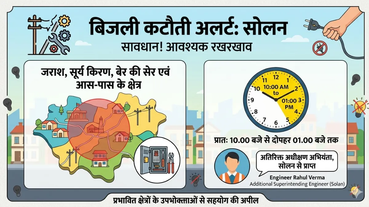 सोलन में 3 अप्रैल को होने वाली बिजली कटौती का सूचना ग्राफिक्स।