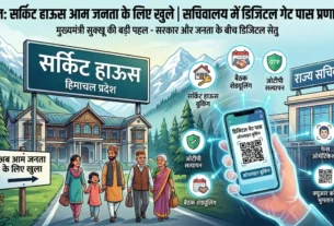हिमाचल प्रदेश सर्किट हाउस ऑनलाइन बुकिंग और सचिवालय डिजिटल गेट पास प्रणाली का इन्फोग्राफिक पोस्टर।"