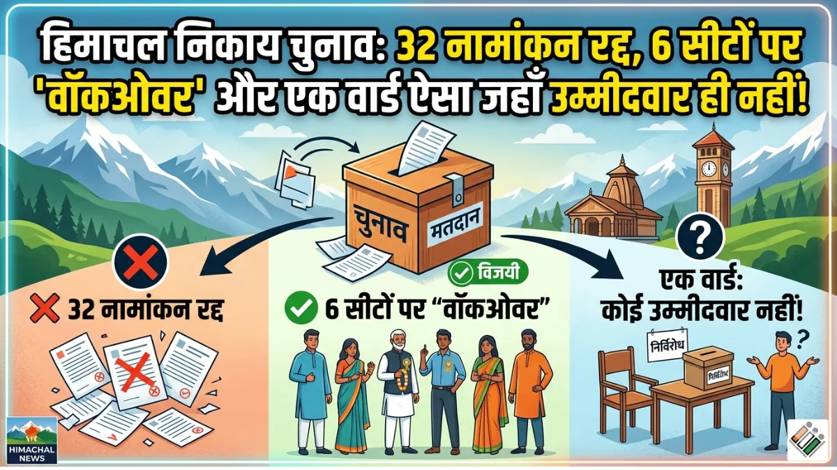 हिमाचल प्रदेश शहरी निकाय चुनाव 2026 नामांकन केंद्र और चुनावी पोस्टर।
