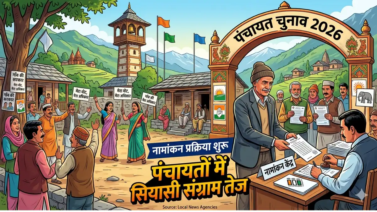 हिमाचल प्रदेश पंचायत चुनाव 2026 के लिए नामांकन प्रक्रिया के दौरान पंचायत कार्यालय में पहुंचे उम्मीदवार और समर्थक।
