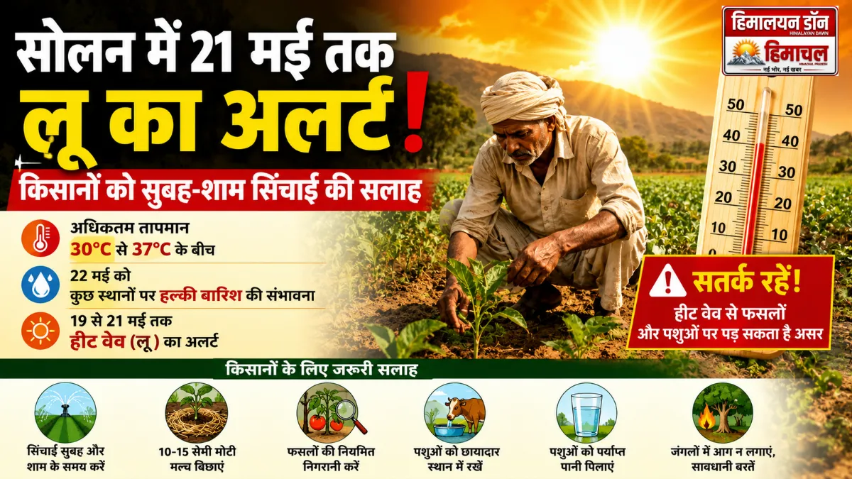 सोलन में 21 मई तक लू के अलर्ट को दर्शाती फीचर्ड इमेज जिसमें किसान खेत में काम करते हुए और तापमान चेतावनी दिखाई गई है