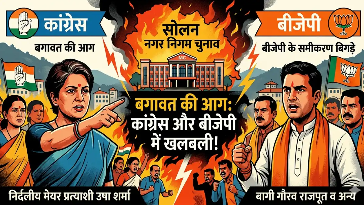 सोलन नगर निगम चुनाव 2026 में कांग्रेस और बीजेपी के बागी नेताओं का प्रदर्शन और टिकट विवाद का ग्राफिकल चित्रण।