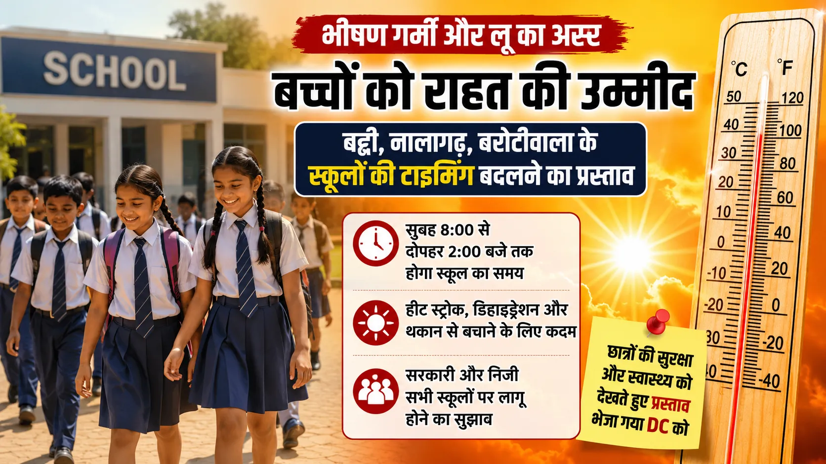 भीषण गर्मी के बीच स्कूल टाइमिंग बदलने को लेकर प्रस्ताव दर्शाती फीचर्ड इमेज