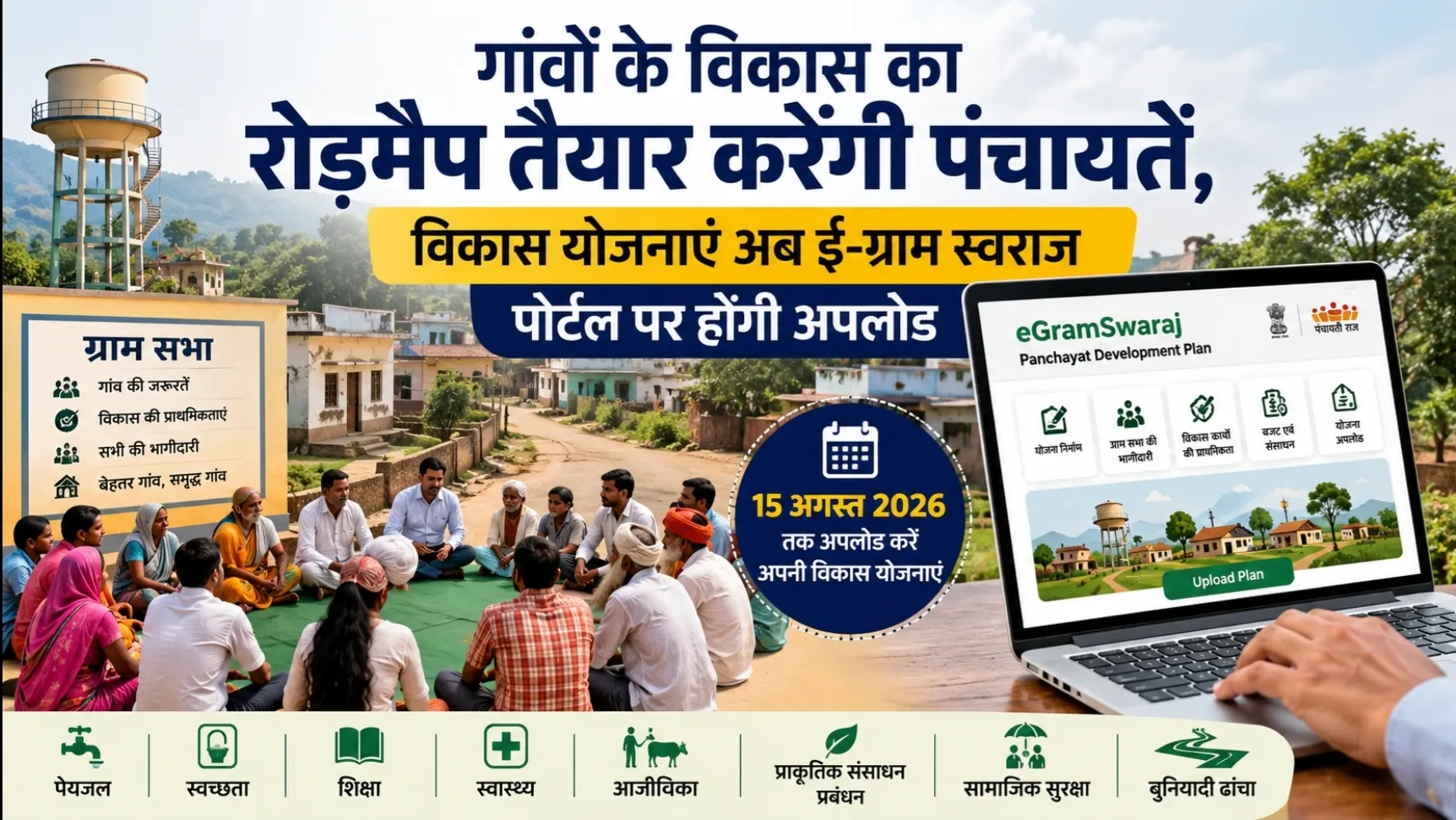 ई-ग्राम स्वराज पोर्टल पर पंचायत विकास योजनाएं अपलोड करती ग्राम पंचायत, ग्राम सभा और ग्रामीण विकास का प्रतीकात्मक दृश्य।