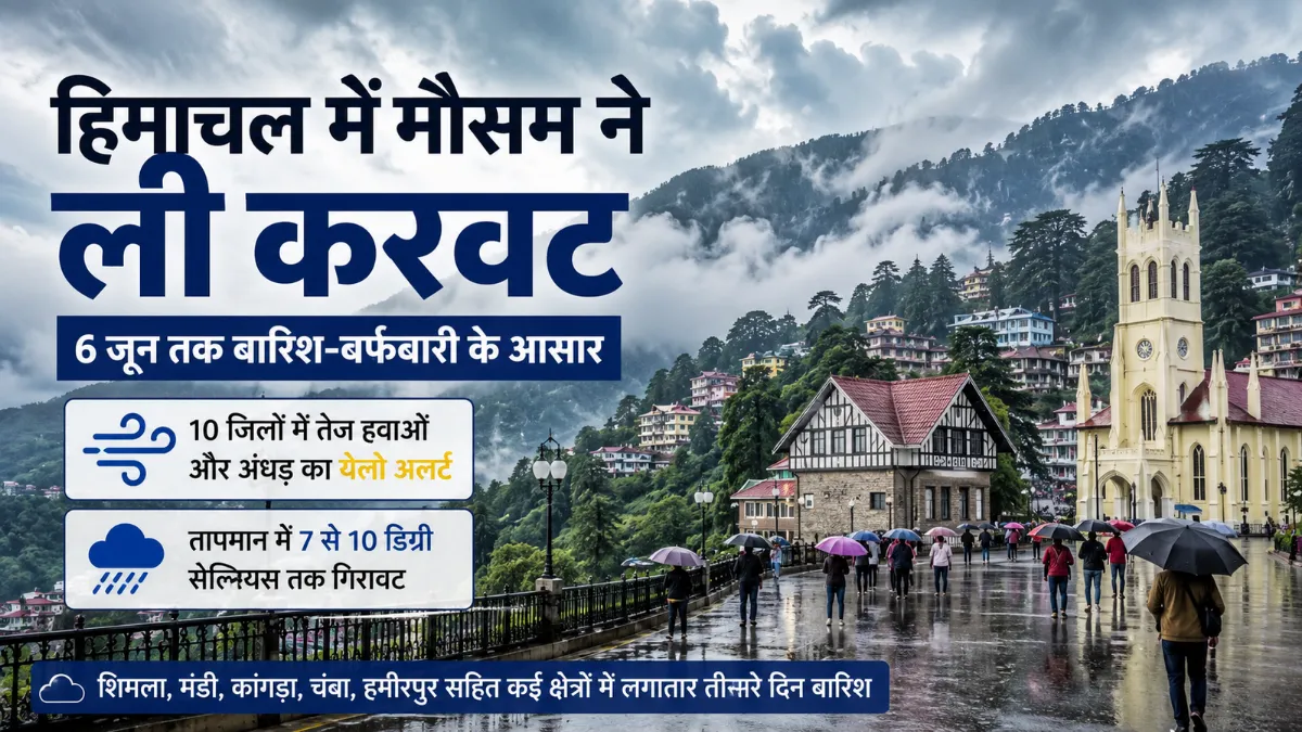 बारिश और बादलों के बीच शिमला का दृश्य, हिमाचल प्रदेश में 6 जून तक बारिश-बर्फबारी और येलो अलर्ट।