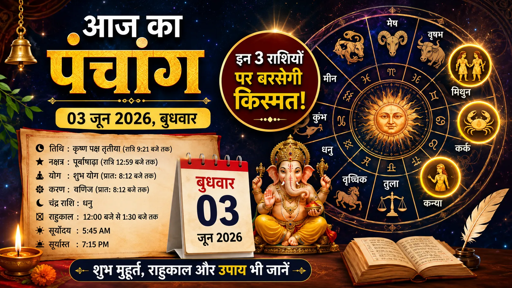 आज का पंचांग 03 जून 2026 और दैनिक राशिफल, शुभ मुहूर्त, राहुकाल और राशियों का भविष्यफल