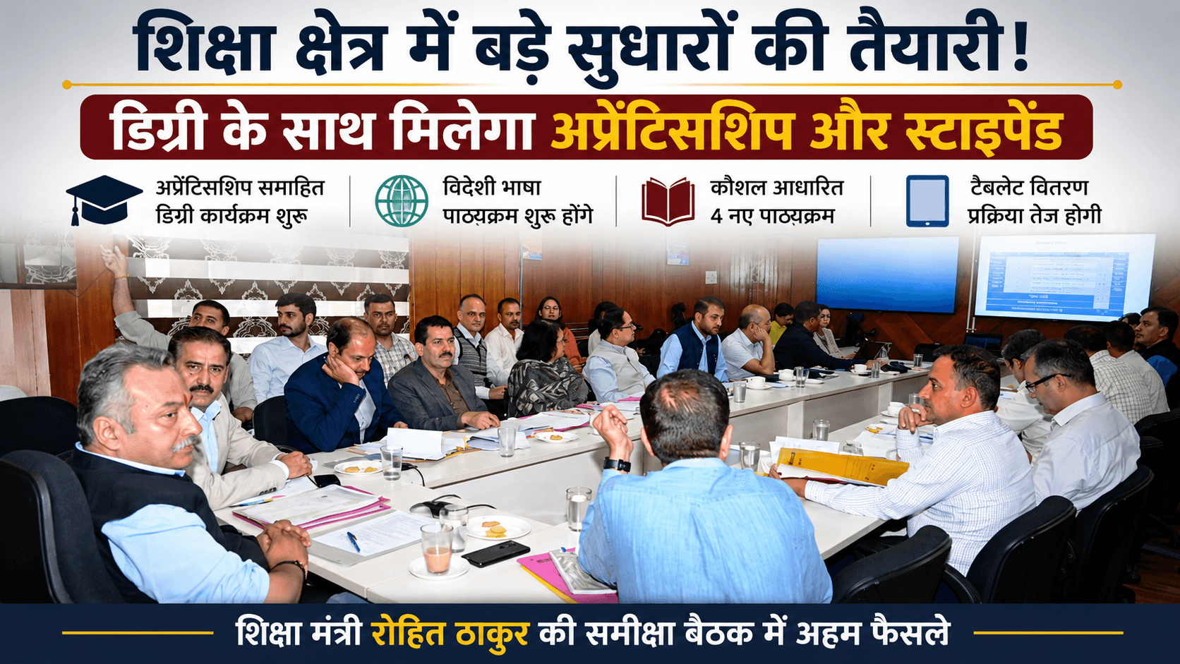 शिक्षा मंत्री रोहित ठाकुर शिक्षा विभाग की समीक्षा बैठक में अधिकारियों के साथ शिक्षा सुधारों पर चर्चा करते हुए।