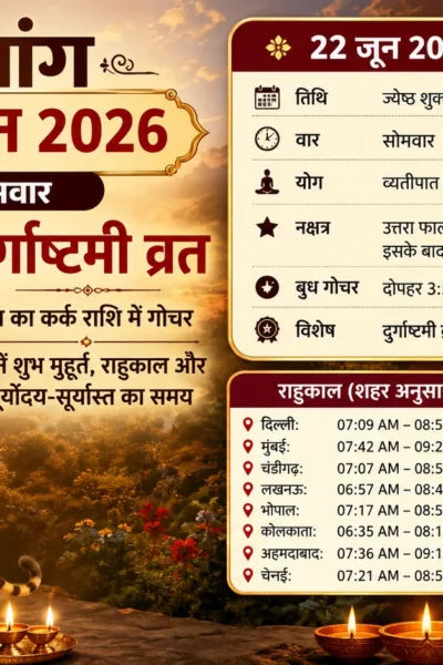 22 जून 2026 पंचांग: दुर्गाष्टमी व्रत, बुध गोचर और शुभ मुहूर्त