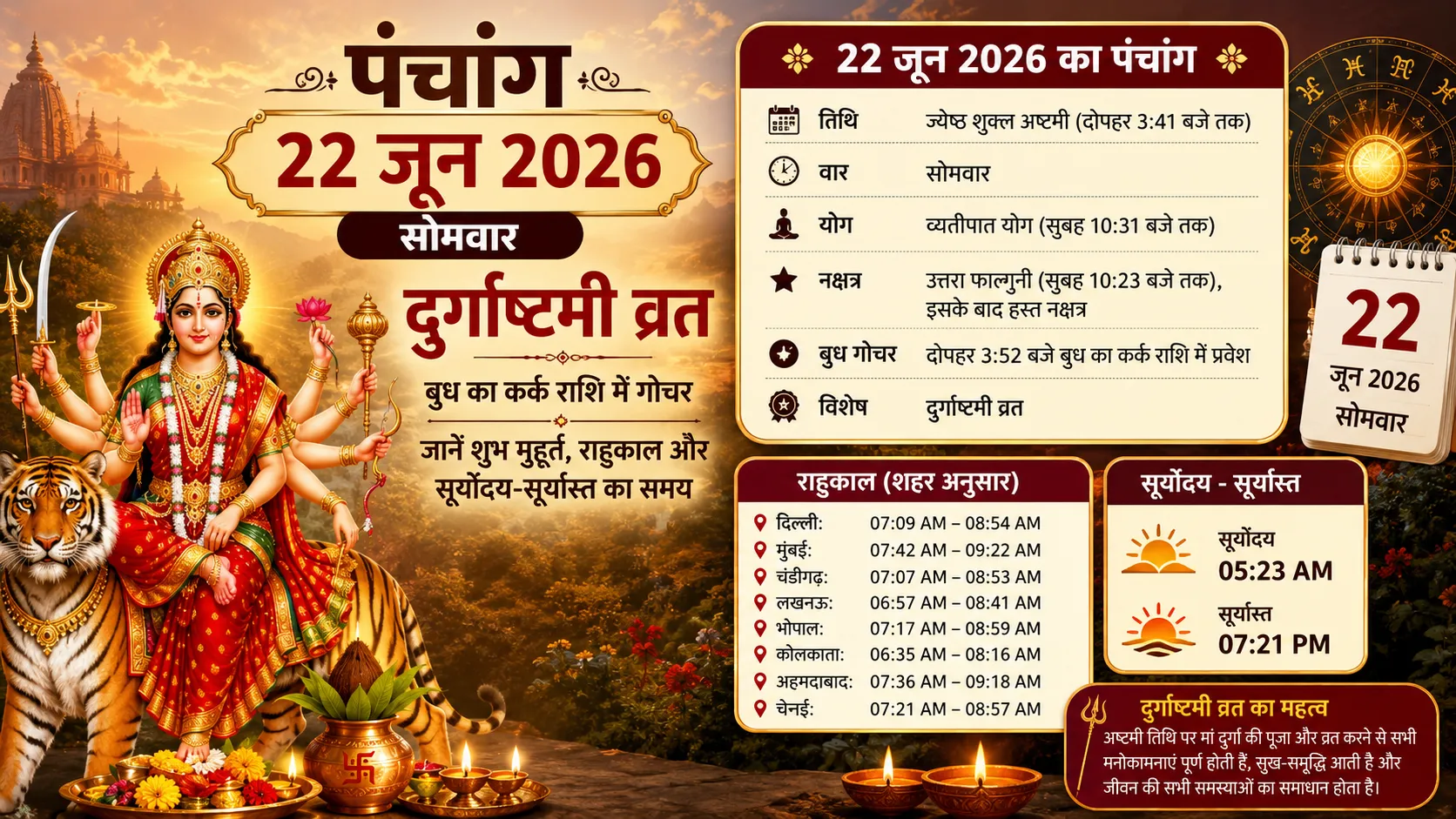 22 जून 2026 पंचांग: दुर्गाष्टमी व्रत, बुध गोचर और शुभ मुहूर्त