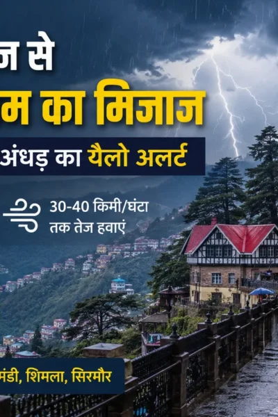 हिमाचल प्रदेश मौसम अपडेट 2026: शिमला में बारिश, गरज-चमक और अंधड़ का येलो अलर्ट, 22 से 25 जून तक कई जिलों में खराब मौसम की चेतावनी।