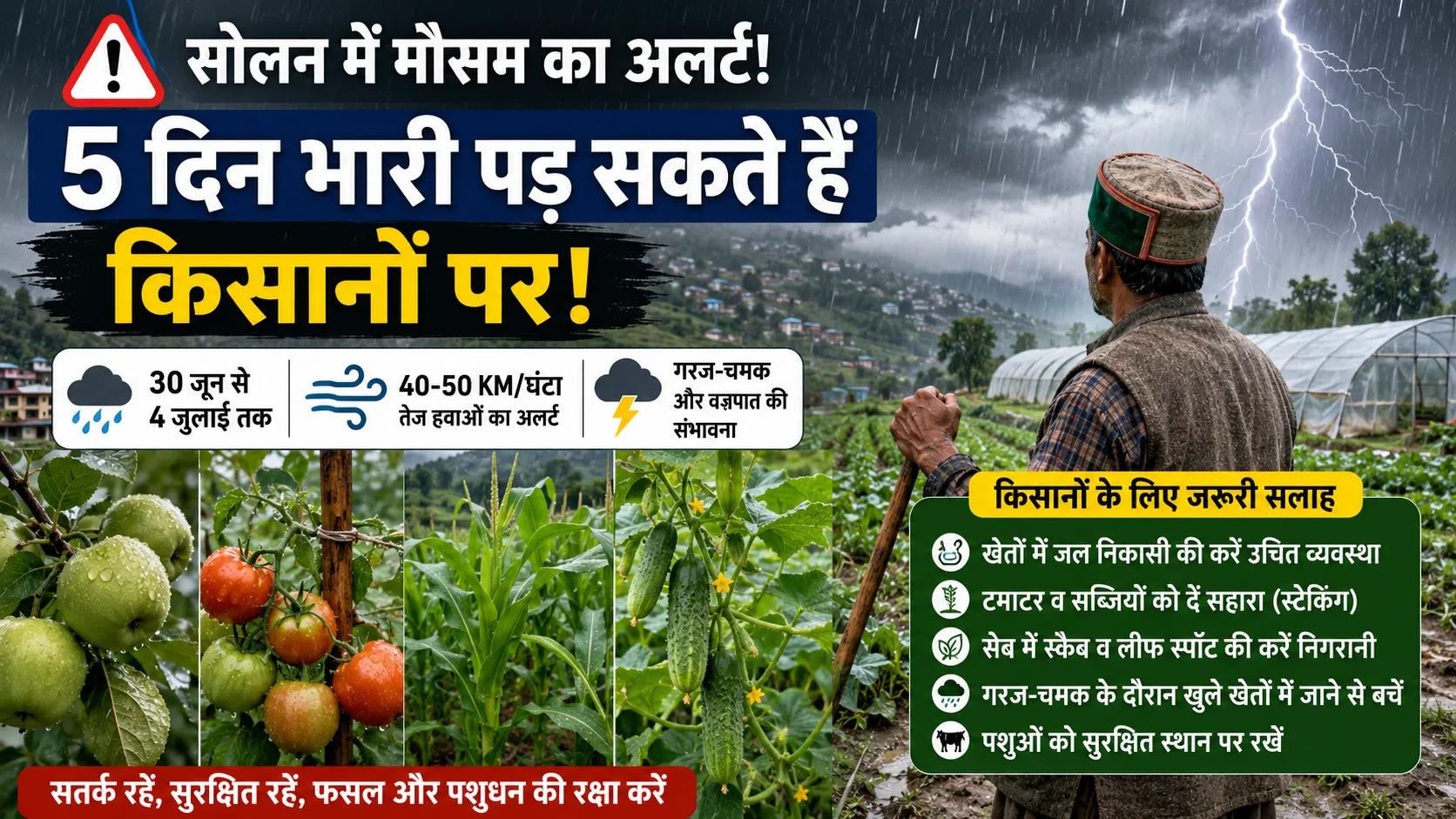 सोलन में मौसम अलर्ट: बारिश, आंधी और तेज हवाओं के बीच खेत में खड़ा किसान, सेब, टमाटर, मक्का और खीरे की फसलें, किसानों के लिए कृषि सलाह दर्शाती फीचर्ड इमेज।