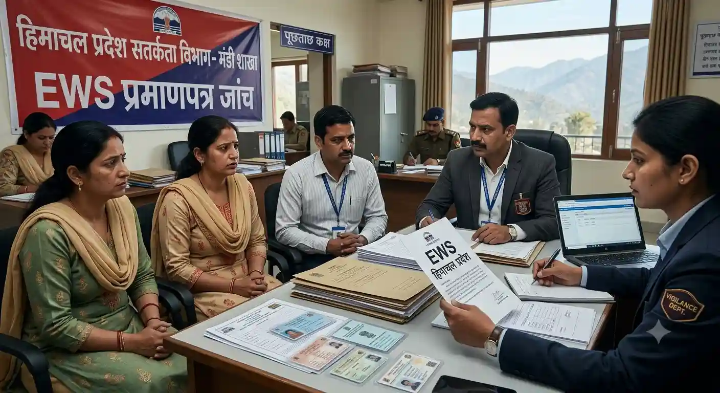 "मंडी विजिलेंस कार्यालय में फर्जी EWS प्रमाणपत्र मामले की जांच करते अधिकारी। काल्पनिक चित्र।