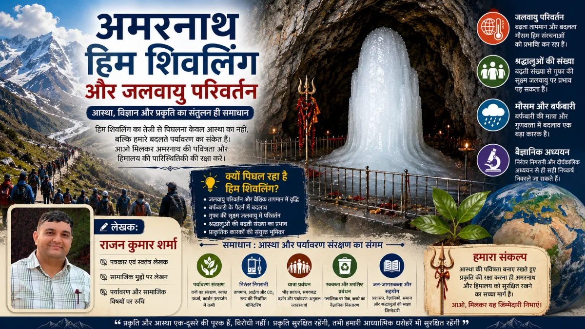 अमरनाथ गुफा का हिम शिवलिंग, जलवायु परिवर्तन और पर्यावरण संरक्षण पर आधारित वैचारिक चित्र
