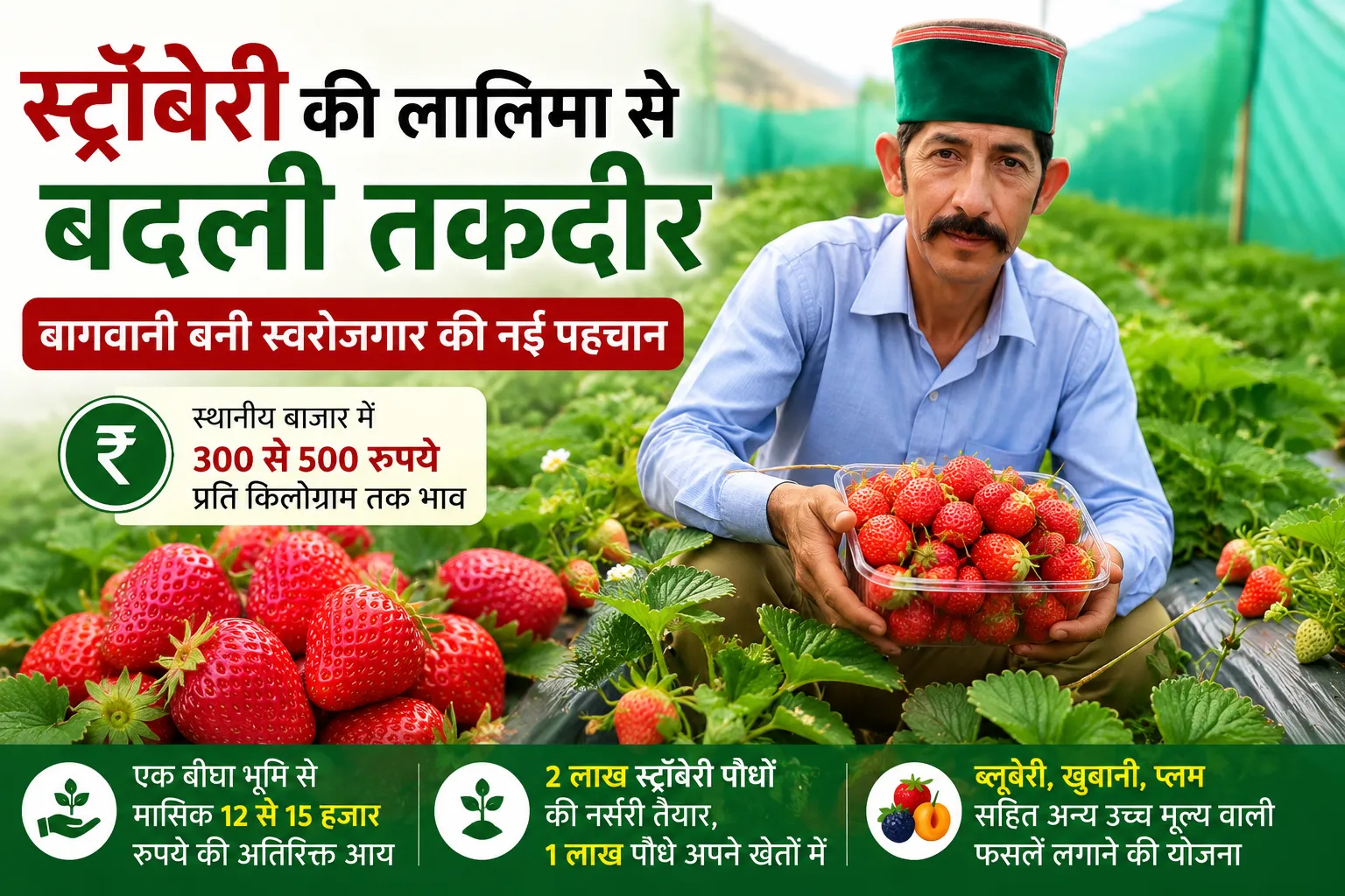 करसोग के किसान बालकृष्ण स्ट्रॉबेरी की आधुनिक खेती करते हुए