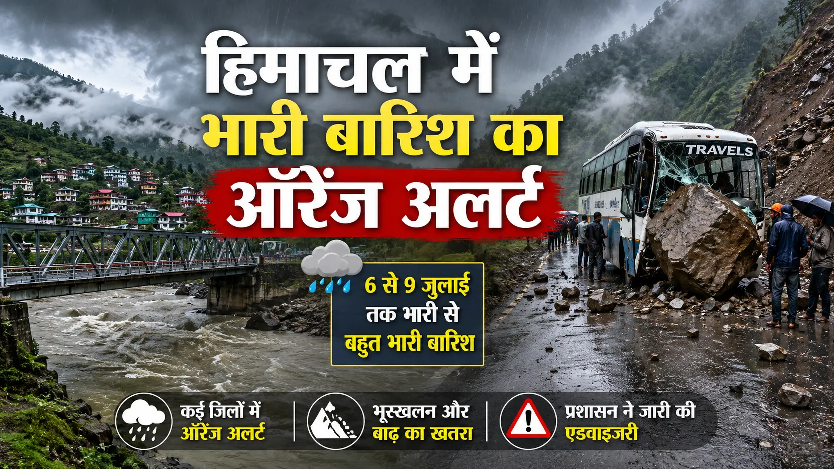 हिमाचल प्रदेश में भारी बारिश का ऑरेंज अलर्ट, भूस्खलन और चट्टान गिरने के खतरे को दर्शाती फीचर्ड इमेज