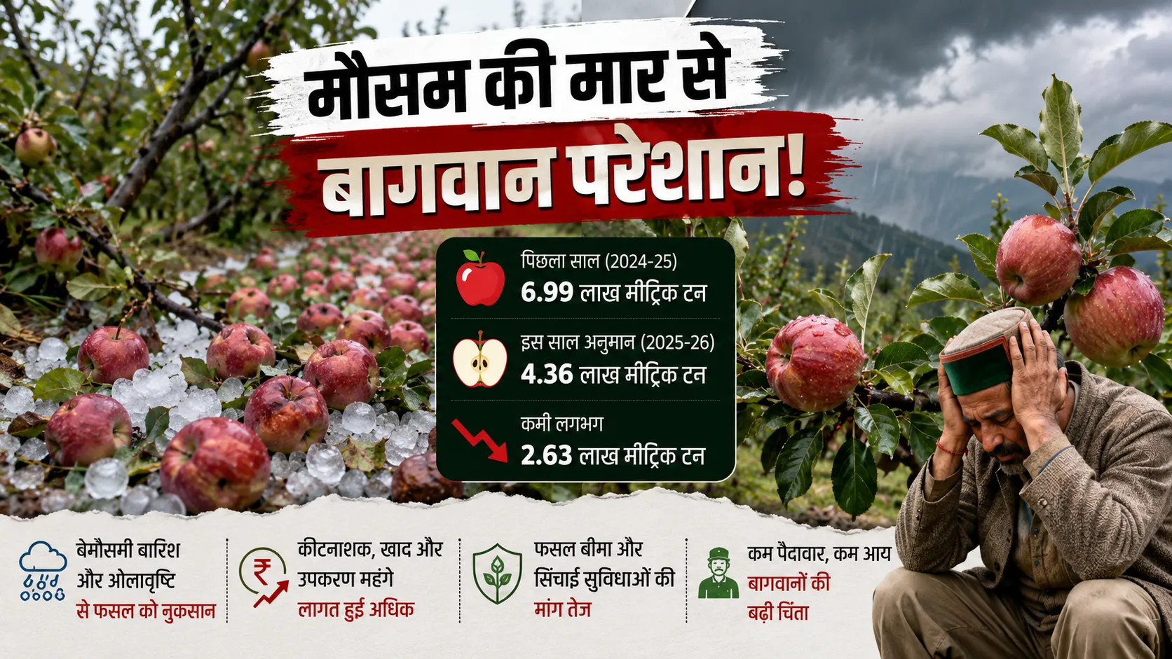 बेमौसमी बारिश और ओलावृष्टि से प्रभावित हिमाचल प्रदेश के सेब के बाग, घटते सेब उत्पादन से चिंतित बागवान