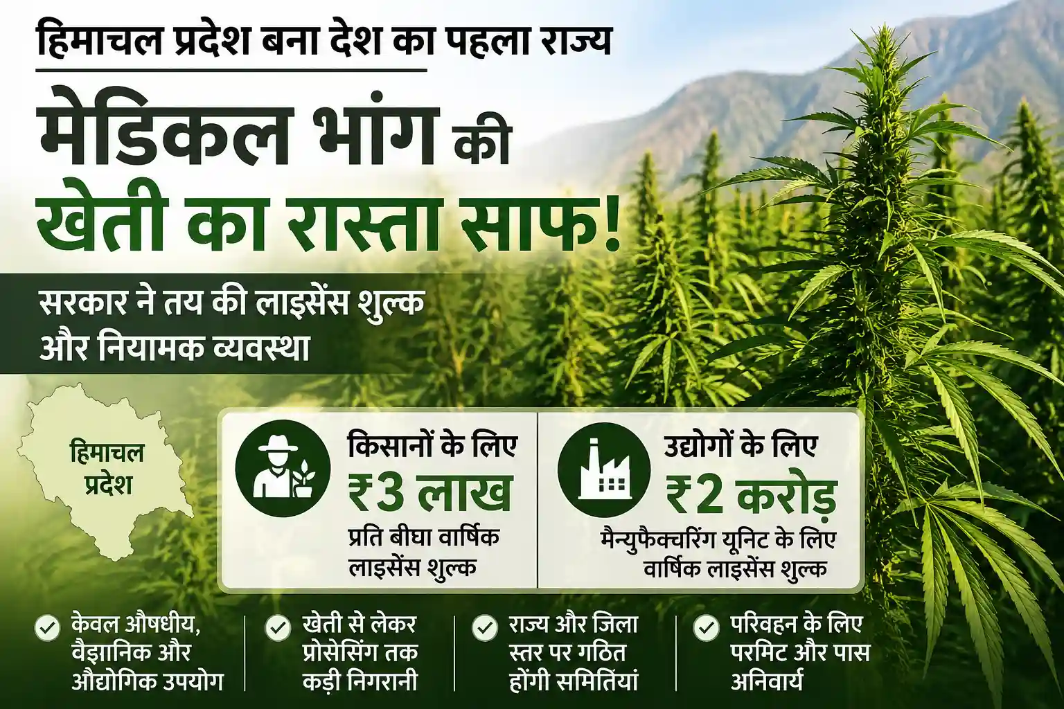 हिमाचल प्रदेश में मेडिकल भांग की नियंत्रित खेती और लाइसेंस शुल्क