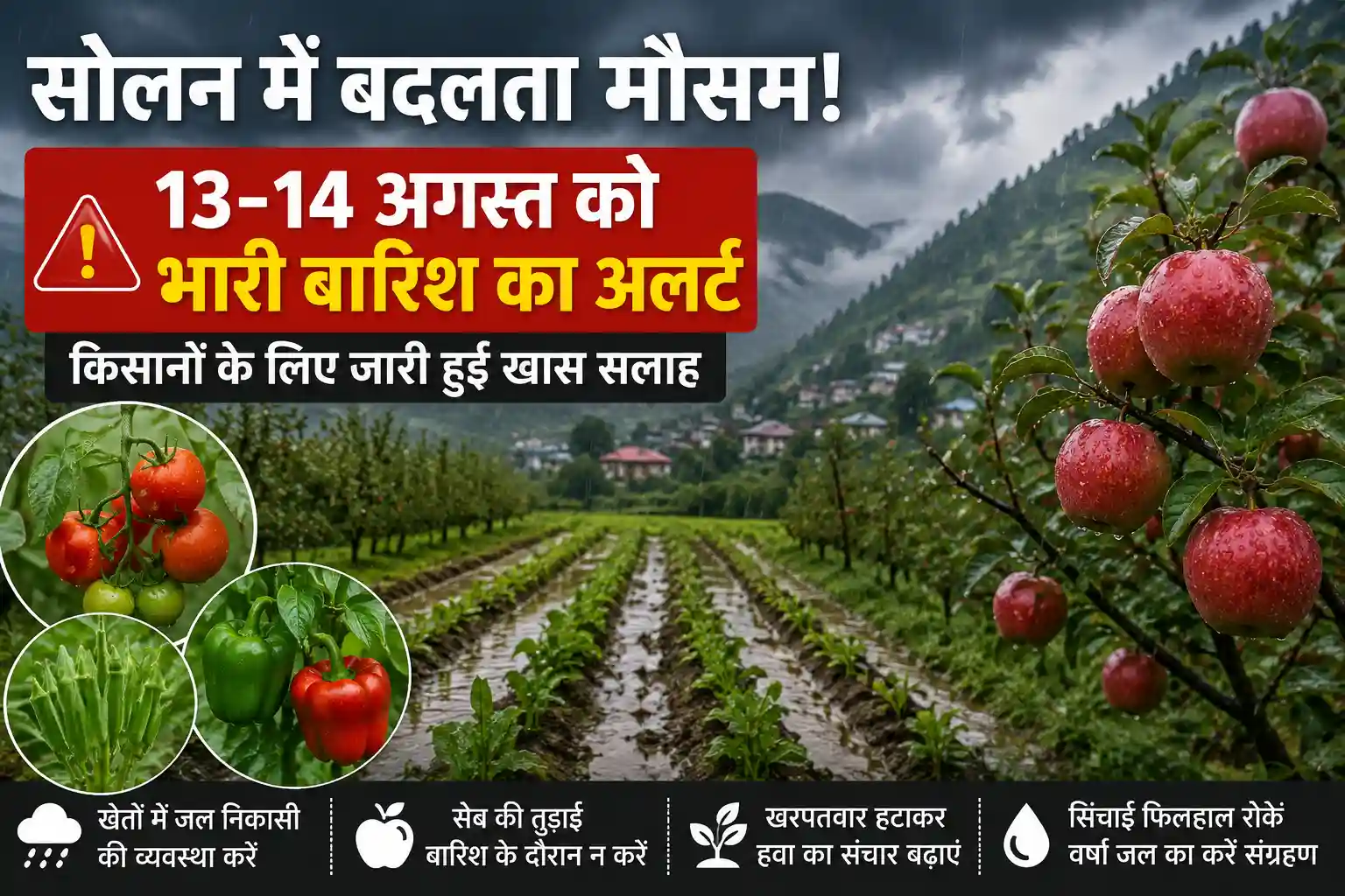 सोलन में 13-14 अगस्त भारी बारिश का अलर्ट और किसानों के लिए कृषि सलाह