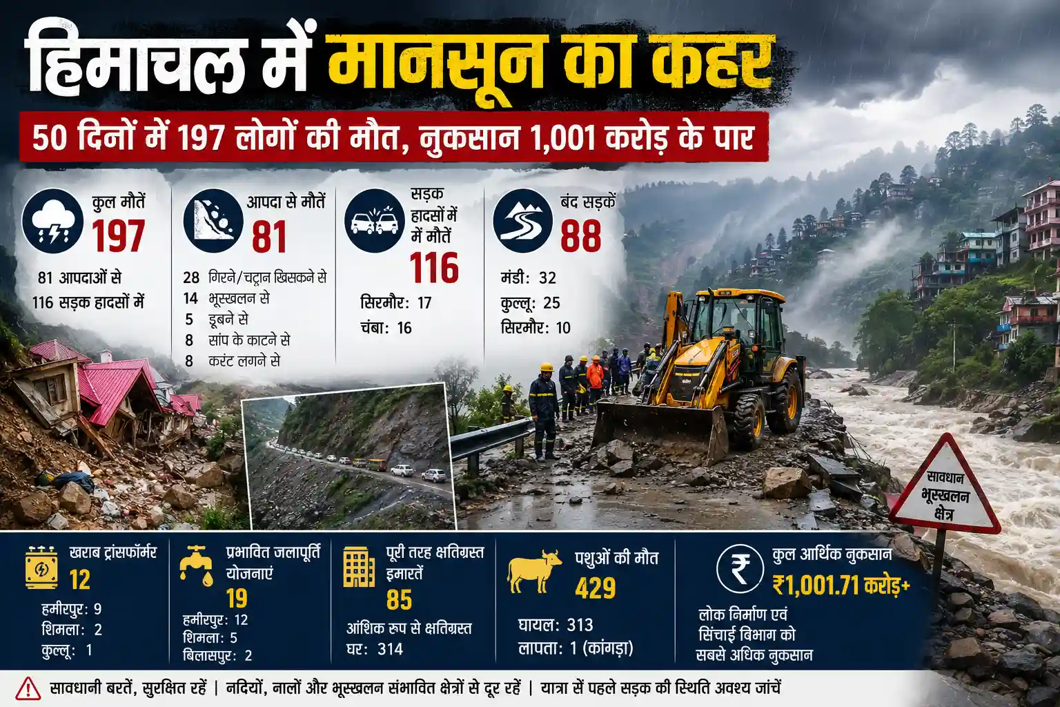 हिमाचल में मानसून आपदा से 197 मौतें और 1001 करोड़ रुपये से अधिक का नुकसान