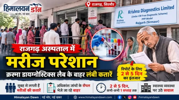 राजगढ़ अस्पताल में क्रस्ना डायग्नोस्टिक्स लैब के बाहर मरीजों की लंबी कतार