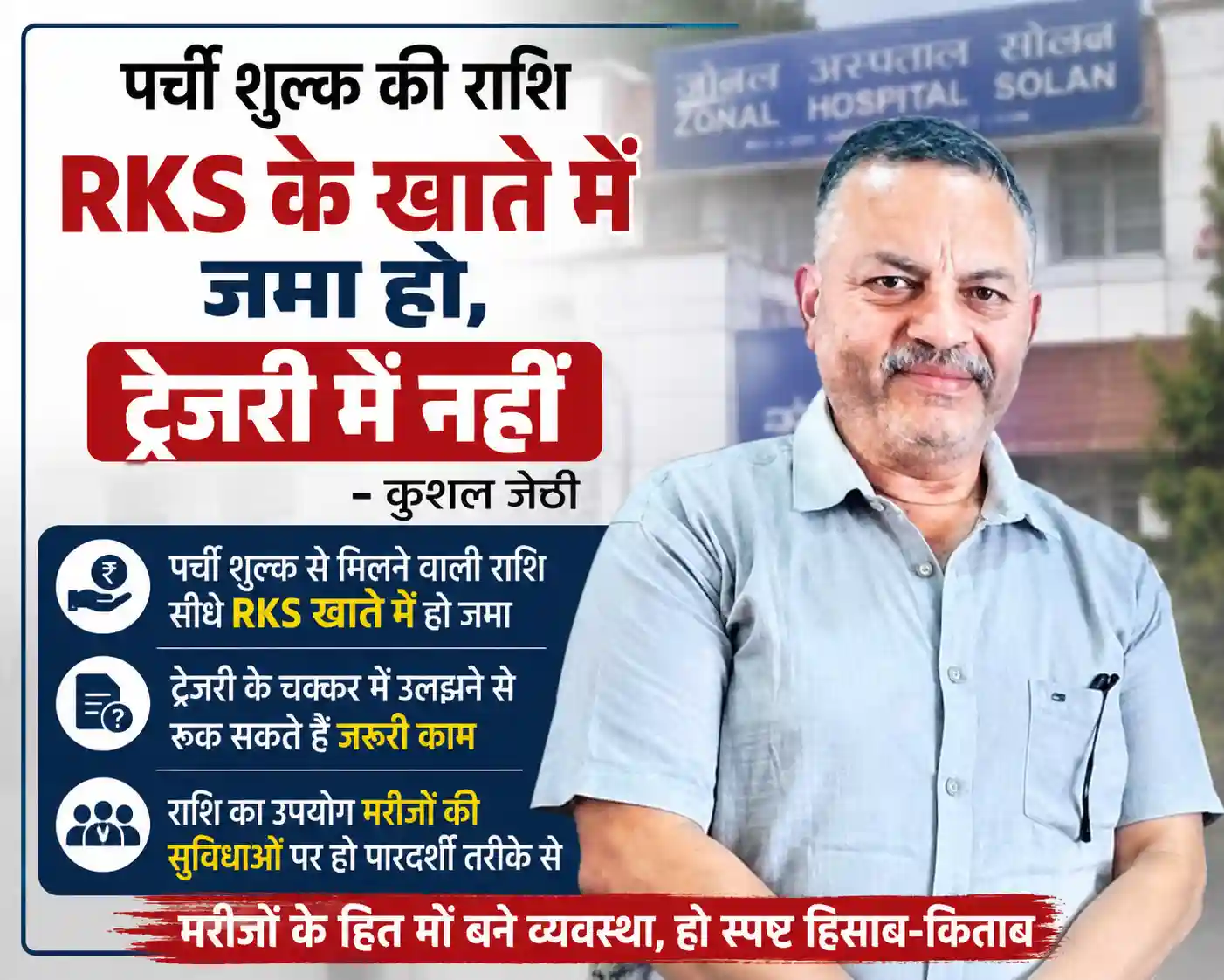 जोनल अस्पताल सोलन में पर्ची शुल्क को RKS खाते में जमा करने की मांग करते कुशल जेठी