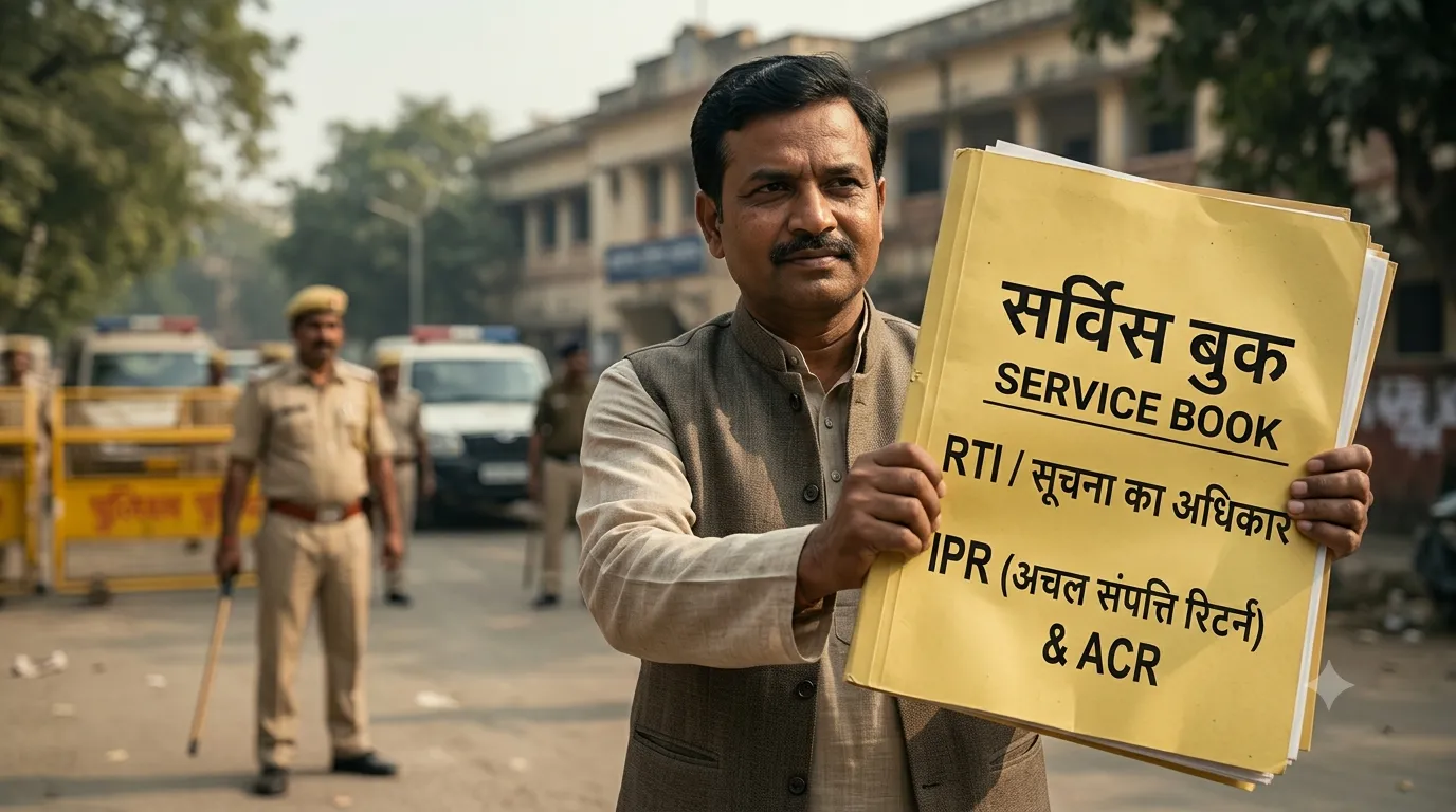 एक जागरूक नागरिक पुलिस बैरिकेड के सामने 'सर्विस बुक', 'RTI' और 'IPR' लिखी हुई बड़ी पीली फाइल दिखा रहा है, जो अधिकारियों की जवाबदेही का प्रतीक है।